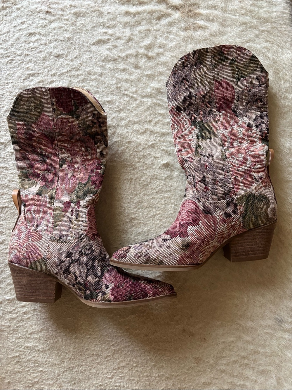 Floral Tapestry Western Ankle Boots - Pink